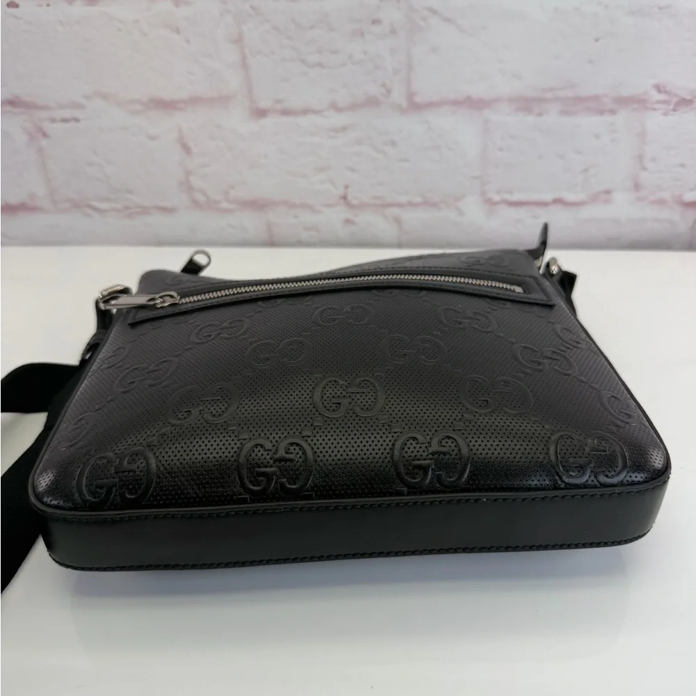 Gucci Black Gg Embossed Leather Messenger Bag